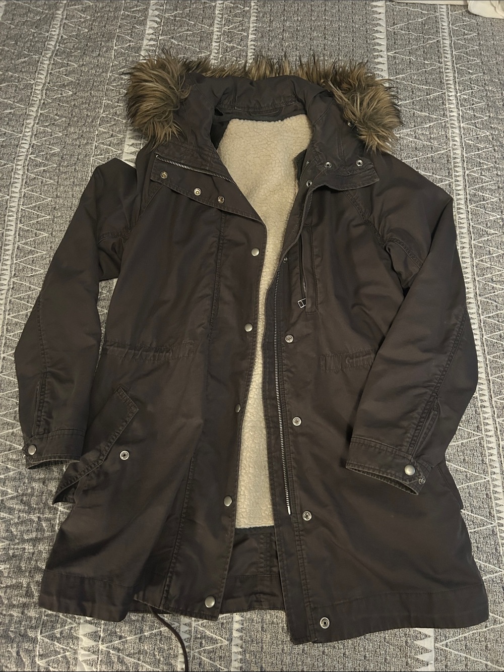 L Tall Women’s Charcoal Hooded Parka Coat with Faux Fur Trim, removable liner